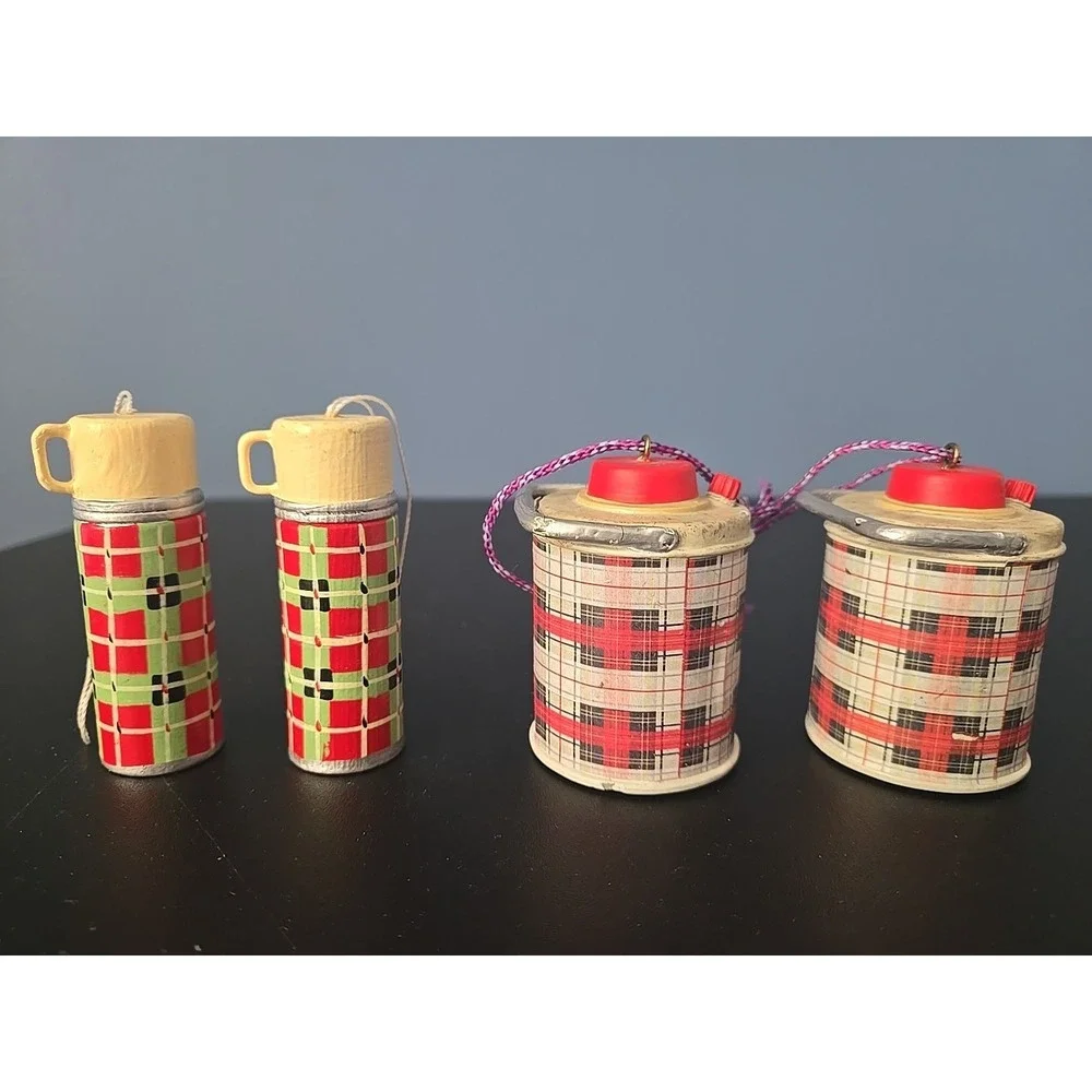 Hallmark Plaid Thermos Christmas  Ornament Skcotch Picnic Cooler Jug Lot Of 4‎